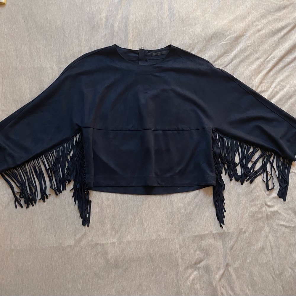 Zara Navy Faux Suede Fringe Top